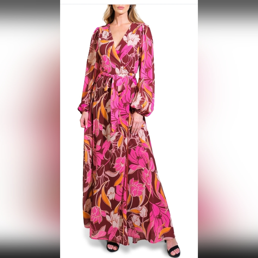Flying Tomato Long Sleeve Floral Wrap Dress in Pink, Burgundy and Orange